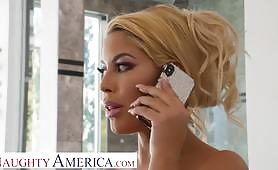 Sexy Bridgette B gets excited white the guy is all wet after fixed her shower. The blonde whore gets fucked doggy style and sucks deep the big cock